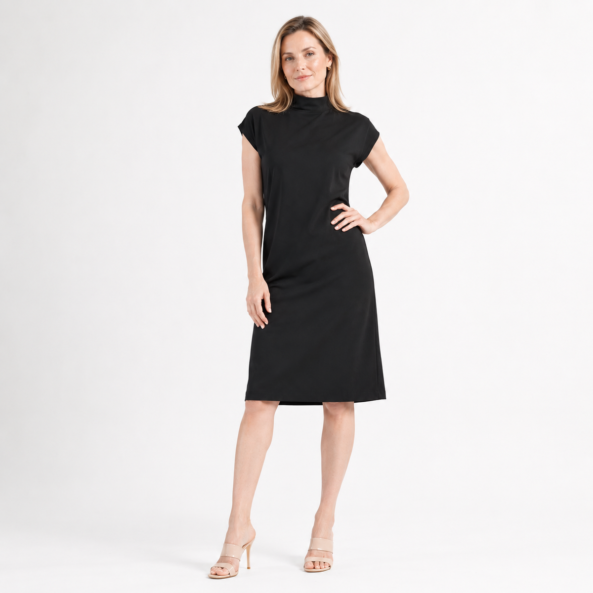 Lightweight Ponte - High Neck Cap Sleeve Midi Dress - Black