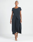 Soft Textured Rayon - Wrap Overlay Center Tie Midi Dress - Black