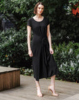 Soft Textured Rayon - Wrap Overlay Center Tie Midi Dress - Black - Final Sale!