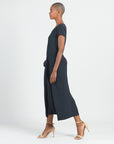 Soft Textured Rayon - Wrap Overlay Center Tie Midi Dress - Black