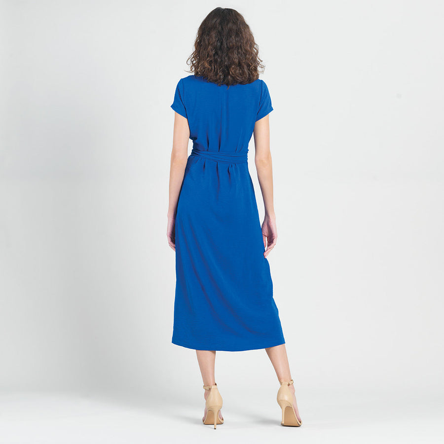 Soft Textured Rayon - Wrap Overlay Center Tie Midi Dress - Cobalt