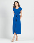 Soft Textured Rayon - Wrap Overlay Center Tie Midi Dress - Cobalt