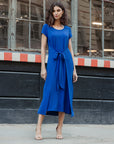 Soft Textured Rayon - Wrap Overlay Center Tie Midi Dress - Cobalt