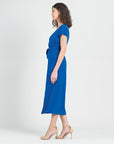 Soft Textured Rayon - Wrap Overlay Center Tie Midi Dress - Cobalt