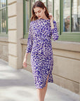 Foil Knit - Side Slit 3/4 Sleeve Midi Dress - Plum Cheetah - Final Sale!