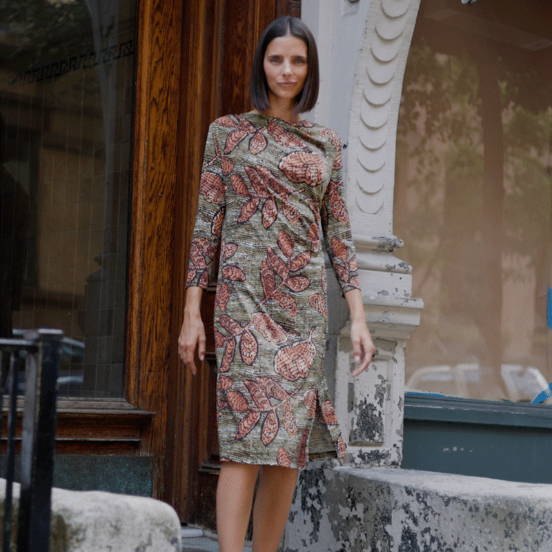 Womens 3/4 Sleeve Midi Dress Mosaic Leaves Print Womens 3/4 Sleeve Midi Dress Mosaic Leaves Print