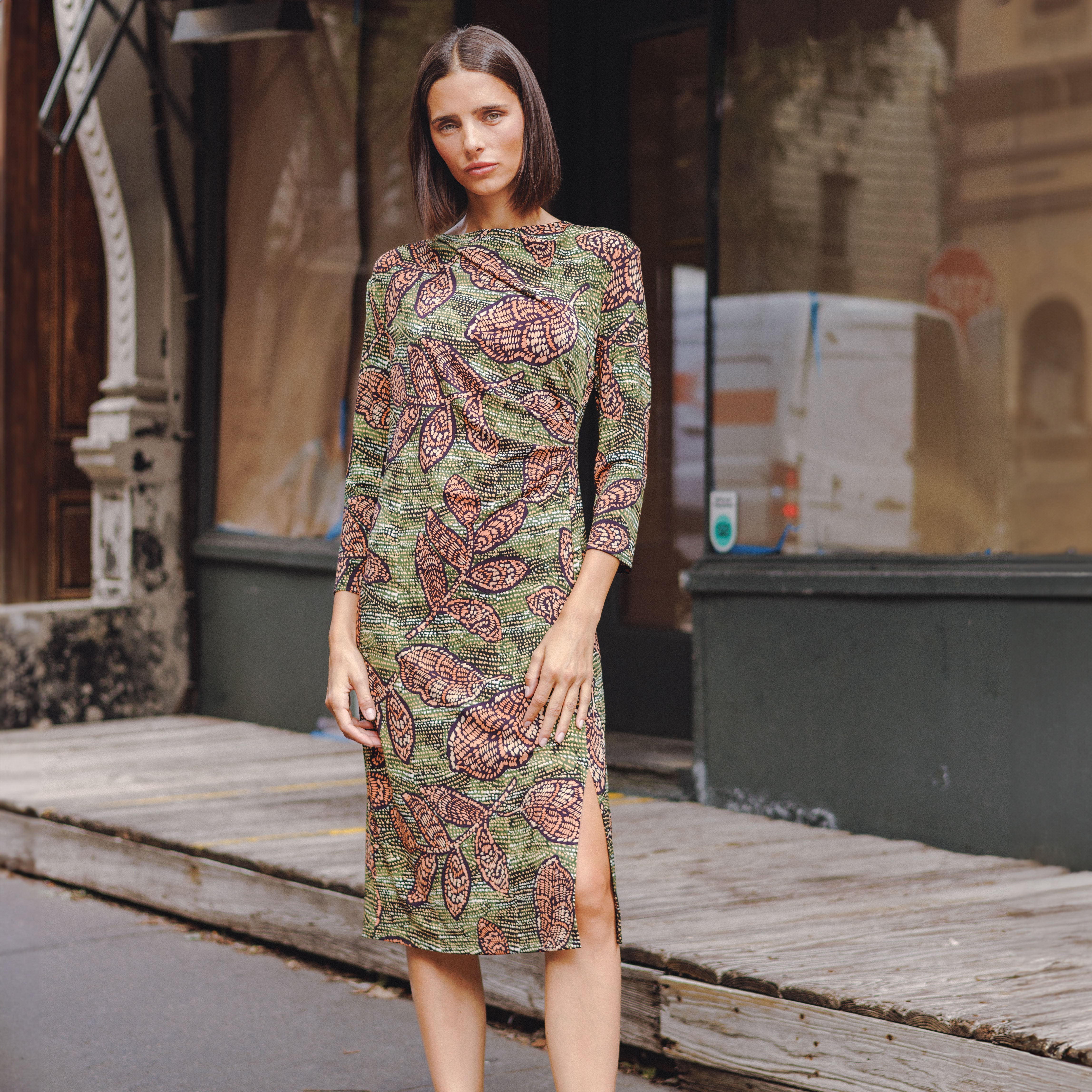 Womens 3/4 Sleeve Midi Dress Mosaic Leaves Print Womens 3/4 Sleeve Midi Dress Mosaic Leaves Print