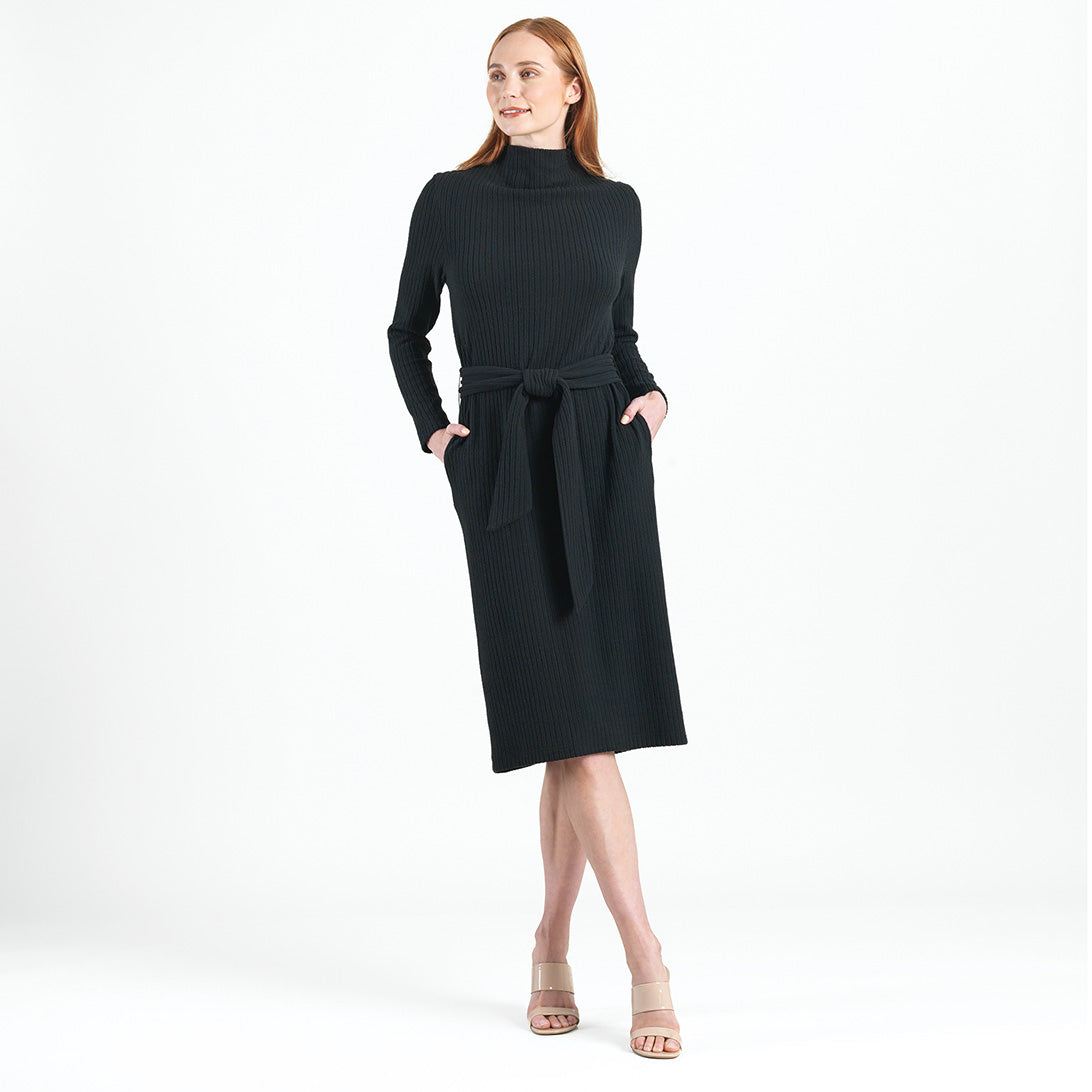 Chunky Ribbed Tie Waist Pocket Midi Sweater Dress Black