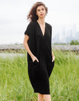 Soft Textured Rayon - Empire Waist Caftan Pocket Dress - Black