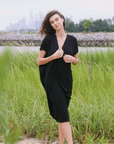 Soft Textured Rayon - Empire Waist Caftan Pocket Dress - Black