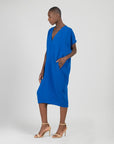 Soft Textured Rayon - Empire Waist Caftan Pocket Dress - Cobalt