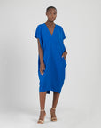 Soft Textured Rayon - Empire Waist Caftan Pocket Dress - Cobalt