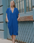 Soft Textured Rayon - Empire Waist Caftan Pocket Dress - Cobalt