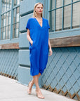 Soft Textured Rayon - Empire Waist Caftan Pocket Dress - Cobalt