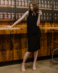 V-Neck Tie Midi Dress - Black