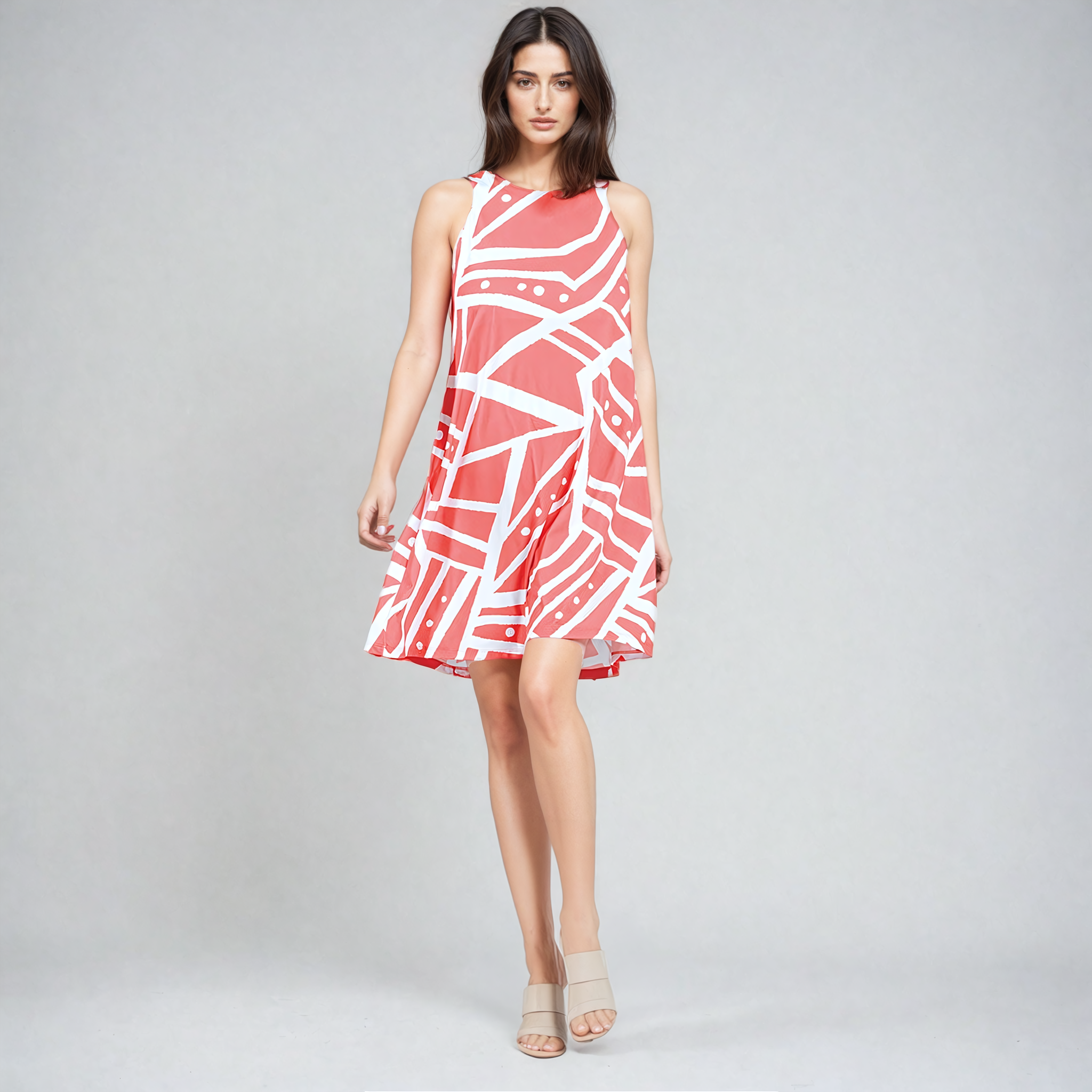 Womens Jewel Neck Swing Dress Medium Stripes Dots