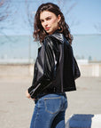 Vinyl + Liquid Leather™ Panel Zip Cuff Pocket Jacket - Black - Final Sale