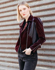 Vinyl + Liquid Leather™ Panel Zip Cuff Pocket Jacket - Mulberry - Final Sale