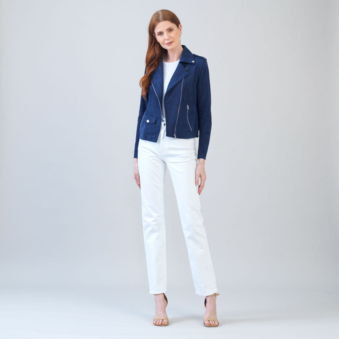 Soft Suede - Architectural Moto Jacket - Navy – Clara Sunwoo