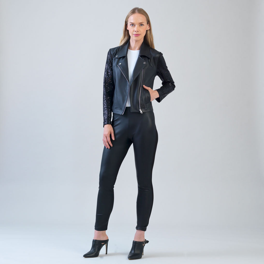 Sequin Knit - Liquid Leather™ Sheen Moto Jacket - Black - Final