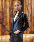 Sequin Knit - Liquid Leather™ Sheen Moto Jacket - Black