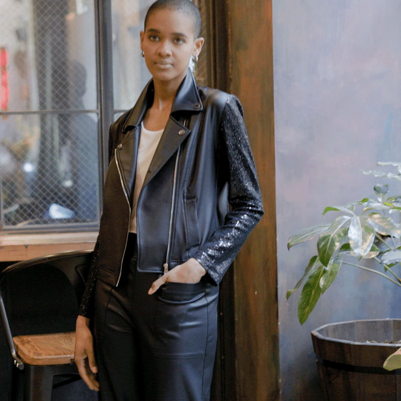 Sequin Knit - Liquid Leather™ Sheen Moto Jacket - Black - Final Sequin Knit - Liquid Leather™ Sheen Moto Jacket - Black - Final