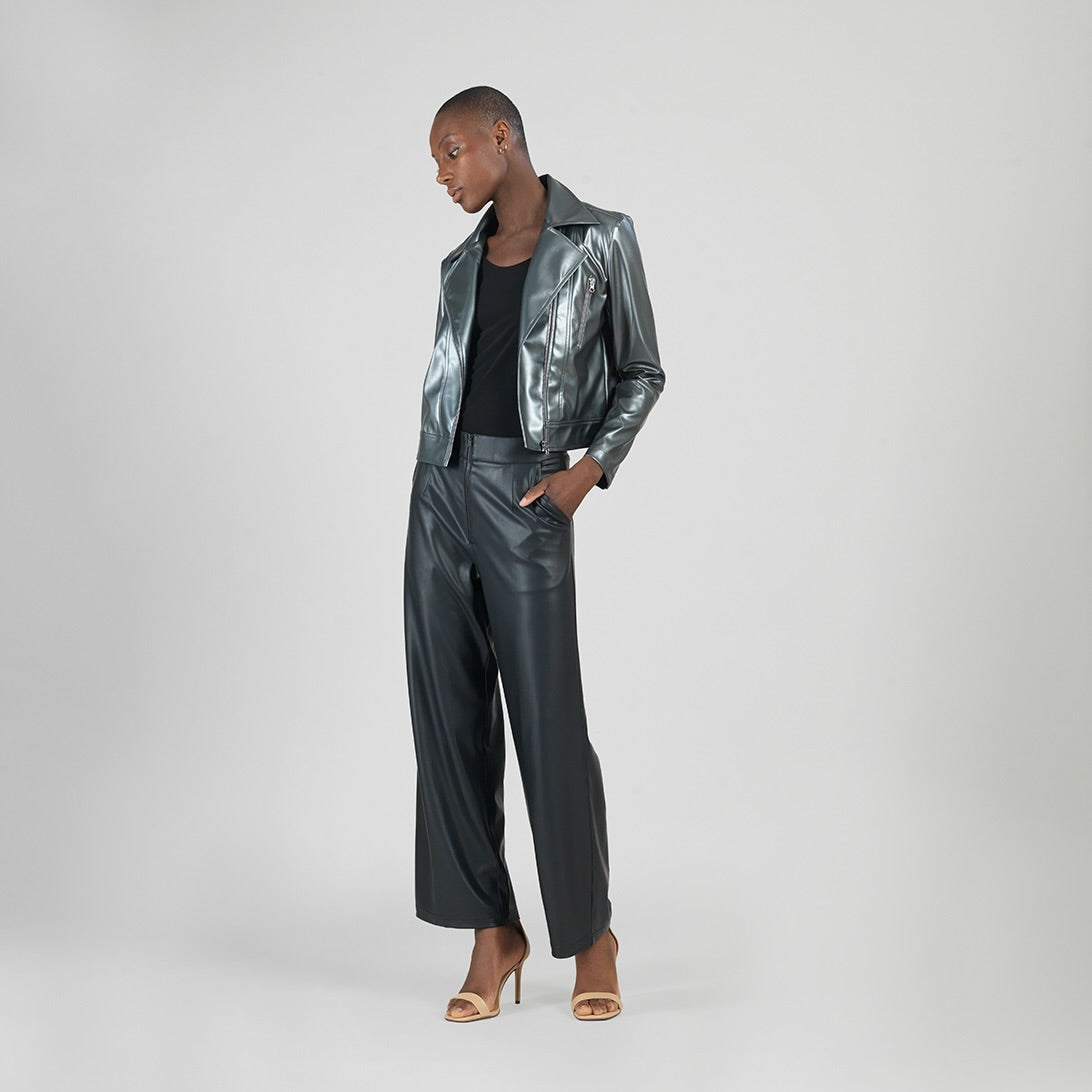 Vegan Sheen - Zip Cuff Moto Waist Jacket - Gunmetal - Limited