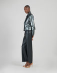 Vegan Sheen - Zip Cuff Moto Waist Jacket - Gunmetal