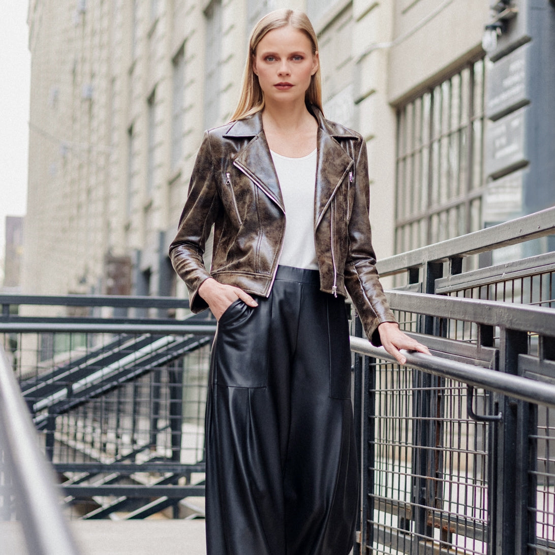 Vegan Leather - Distressed Zip Cuff Moto Waist Jacket - Brown