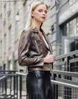 Vegan Leather - Distressed Zip Cuff Moto Waist Jacket - Brown
