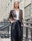 Vegan Leather - Distressed Zip Cuff Moto Waist Jacket - Brown