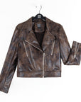 Vegan Leather - Distressed Zip Cuff Moto Waist Jacket - Brown