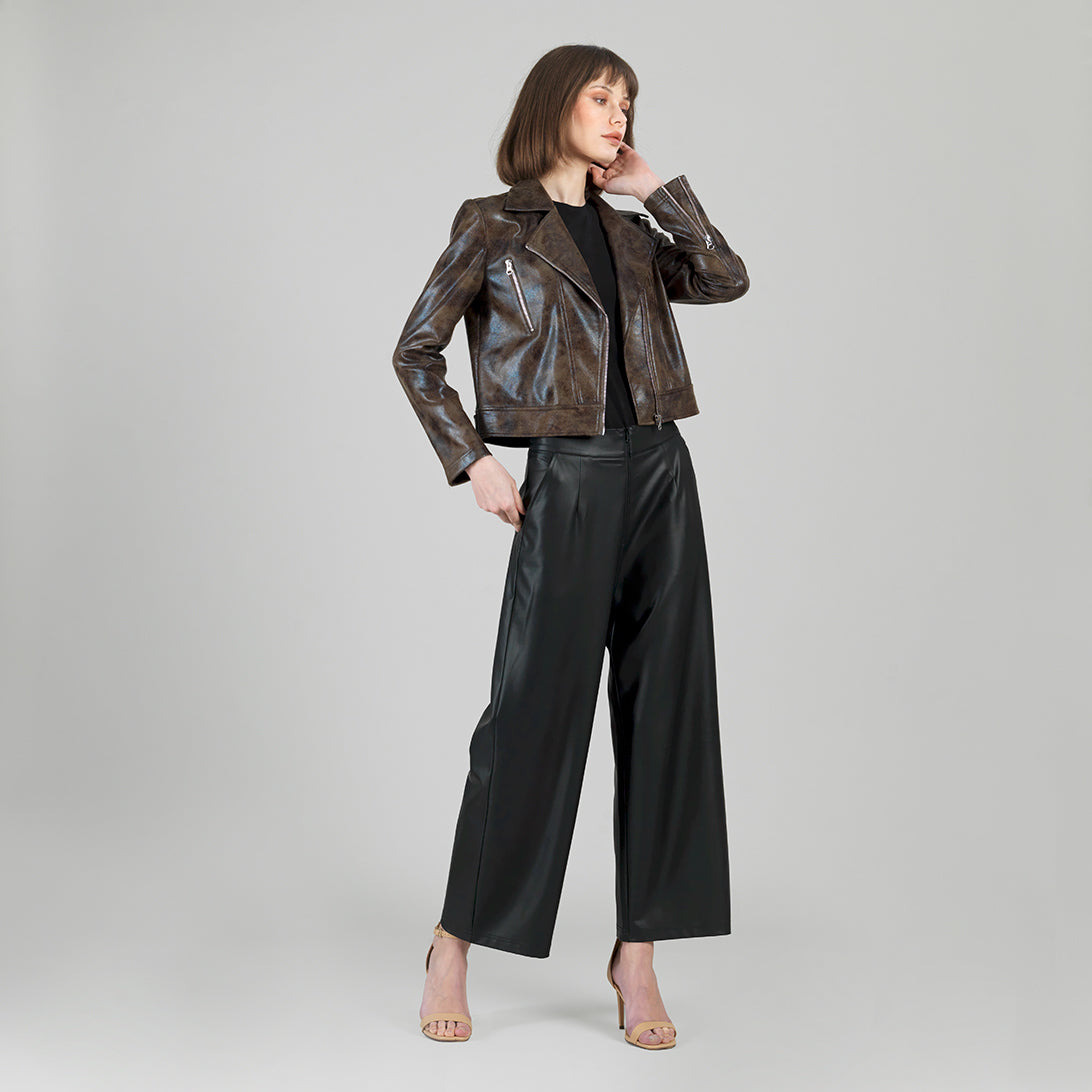 Vegan Leather - Distressed Zip Cuff Moto Waist Jacket - Brown