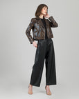Vegan Leather - Distressed Zip Cuff Moto Waist Jacket - Brown