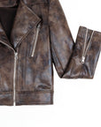 Vegan Leather - Distressed Zip Cuff Moto Waist Jacket - Brown