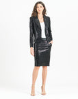 Sequin Knit - Liquid Leather™ Trim Pencil Skirt - Black