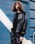 Liquid Leather™ + Vinyl Panel Varsity Bomber Jacket - Black