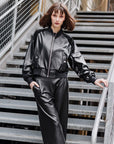 Liquid Leather™ + Vinyl Panel Varsity Bomber Jacket - Black