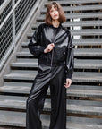 Liquid Leather™ + Vinyl Panel Varsity Bomber Jacket - Black