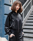Liquid Leather™ + Vinyl Panel Varsity Bomber Jacket - Black