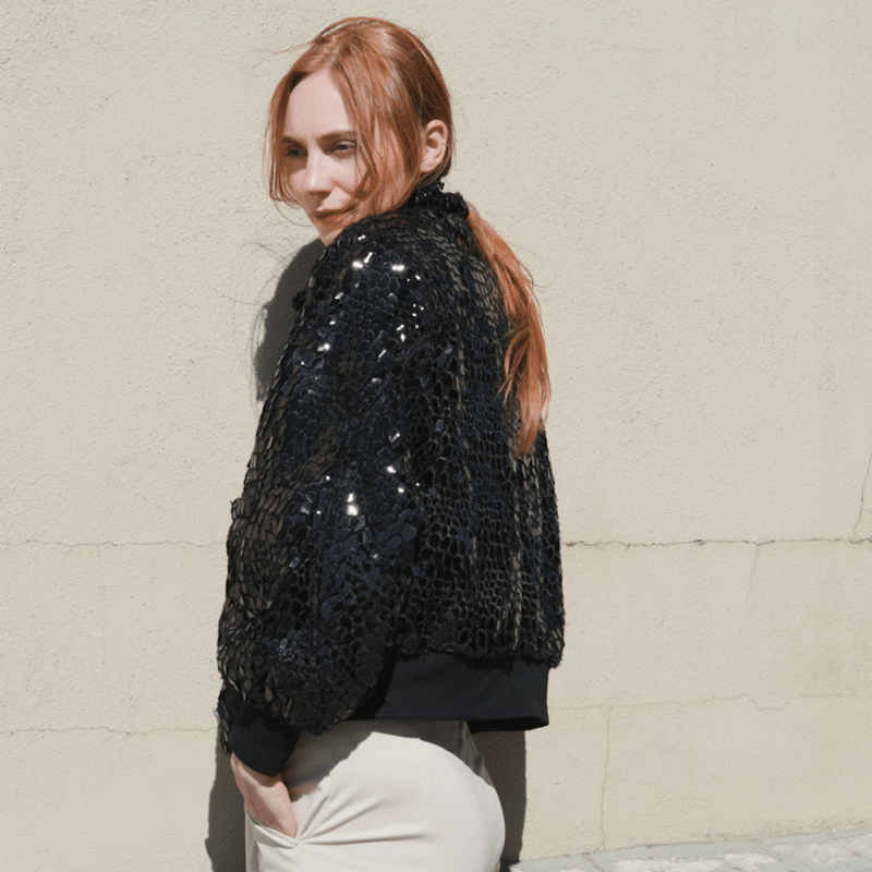 Crushed Faux Fur - Shimmer Embellished Bomber Jacket - Black Crushed Faux Fur - Shimmer Embellished Bomber Jacket - Black