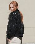 Crushed Faux Fur - Shimmer Embellished Bomber Jacket - Black - Limited Edition! - Clara Sunwoo