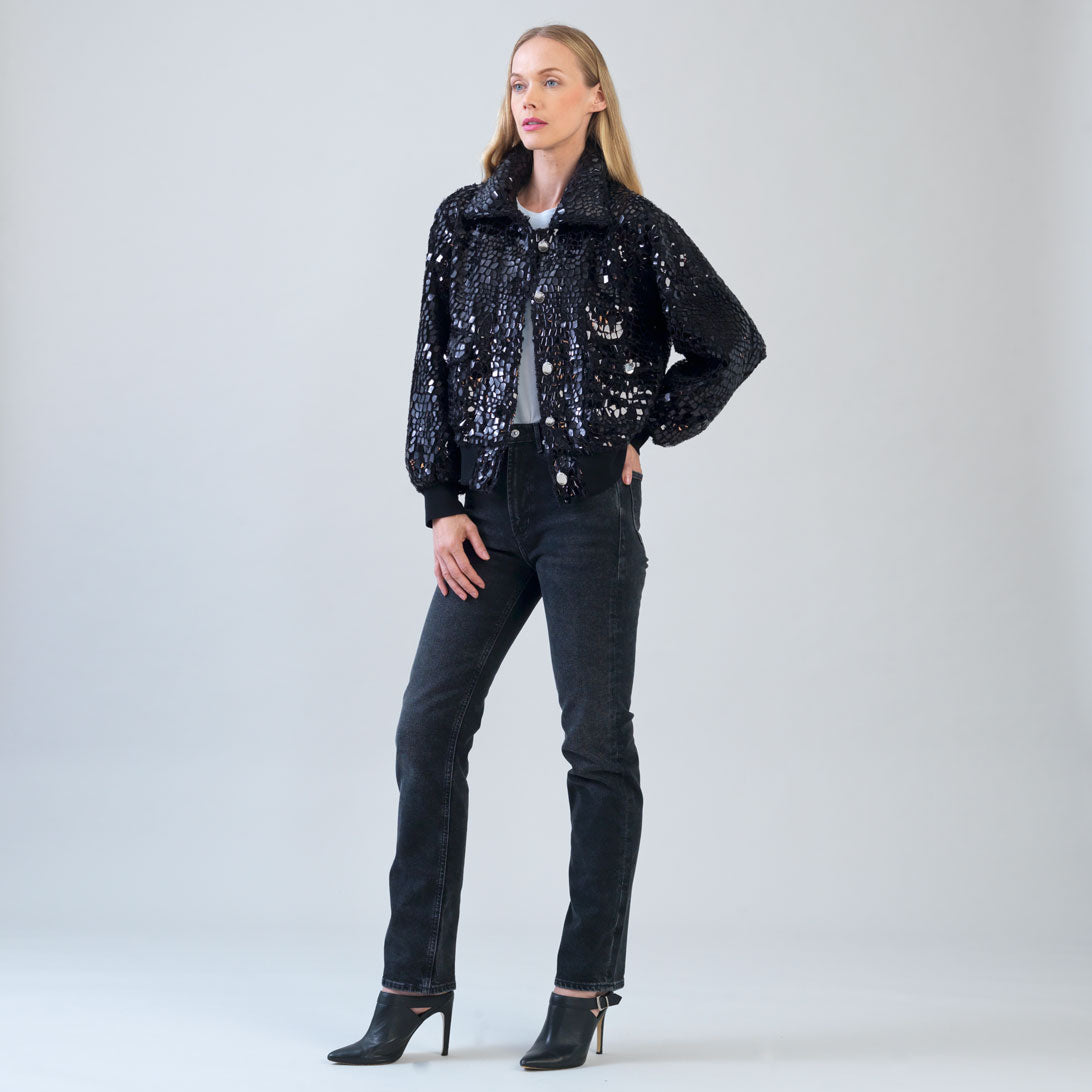Crushed Faux Fur - Shimmer Embellished Bomber Jacket - Black