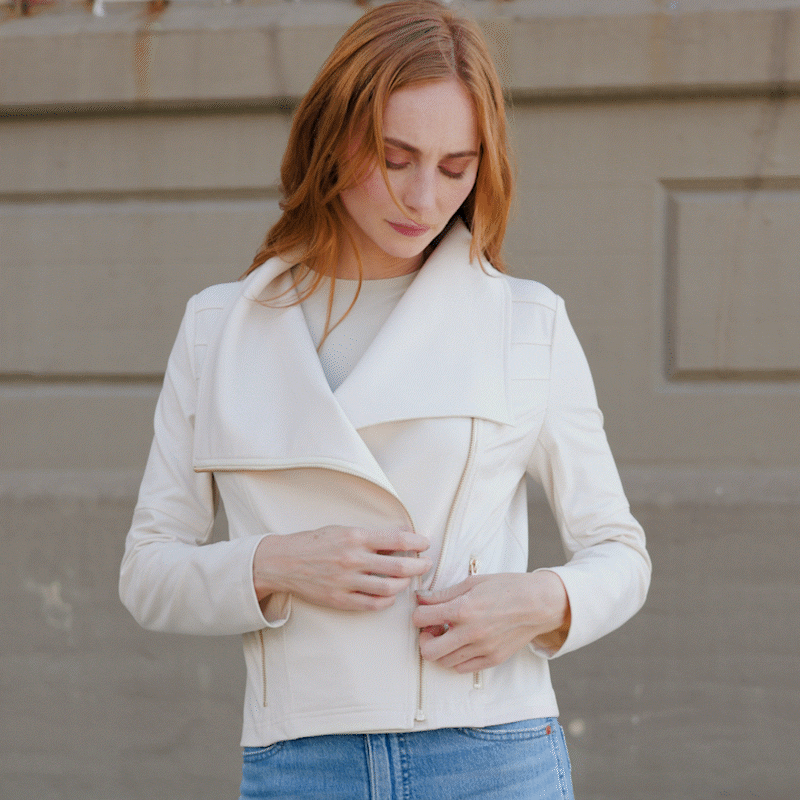 Liquid Leather™ Drape Neck Zip Jacket - Ivory – Clara Sunwoo Liquid Leather™ Drape Neck Zip Jacket - Ivory – Clara Sunwoo