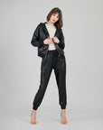 Liquid Leather™ Hooded Drawstring Track Jacket - Black