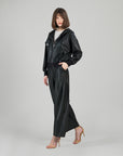 Liquid Leather™ Hooded Drawstring Track Jacket - Black