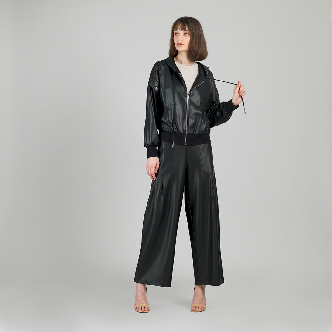 Liquid Leather™ Hooded Drawstring Track Jacket - Black – Clara Sunwoo