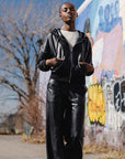 Liquid Leather™ Hooded Drawstring Track Jacket - Black
