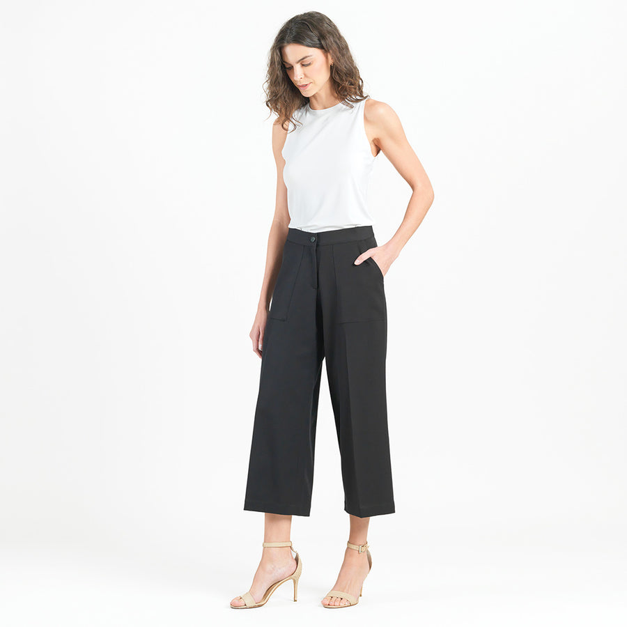 Woven Twill - Zip Closure Front Pocket Cropped Trouser - Black - Limited Sizes!