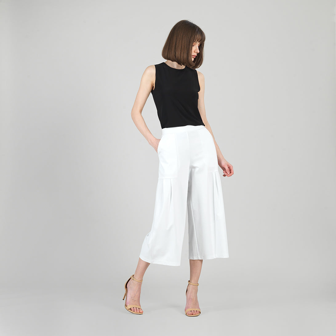 Rayon-Ponte Knit - Pleated Gaucho Pocket Pant - White - Limited